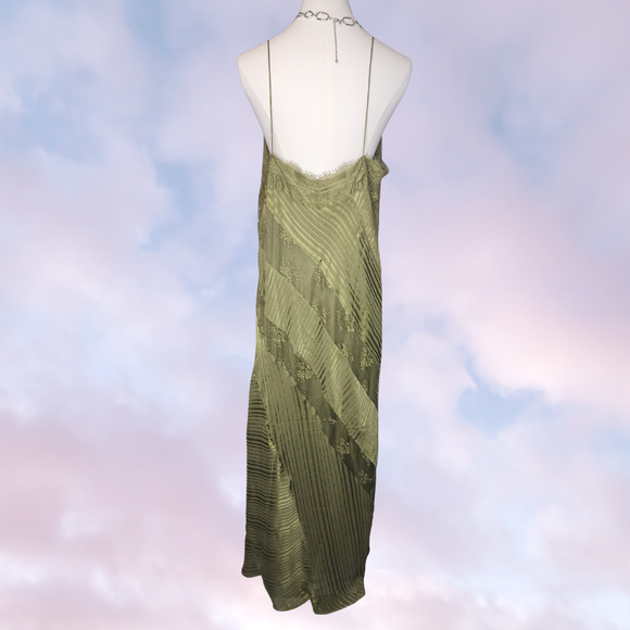 Asos Green Lace Insert Stripe Panel Long Maxi V-Neck Patchwork Satin Dress Sz 14 - Picture 6 of 7